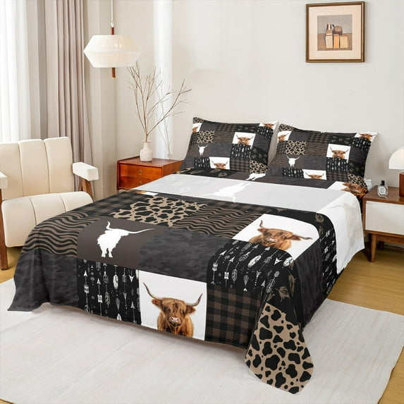Homewish Leopard Peint Full Size Sheets,Rustic Highland Cow Bed Sheets,Bohemain Geometric Plaid Sheet Sets For Boys Kids,Luxury Bedroom Decor,4 Pieces