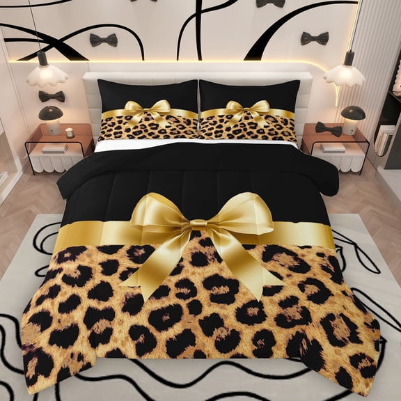 Homewish Leopard Print 2pcs Bedding Comforter Set For Teens Boys Girls,Kawaii Bow Twin Comforter Sets,Black Brown Breathable Bedding Set,Super Cozy Room Decor,Reversible