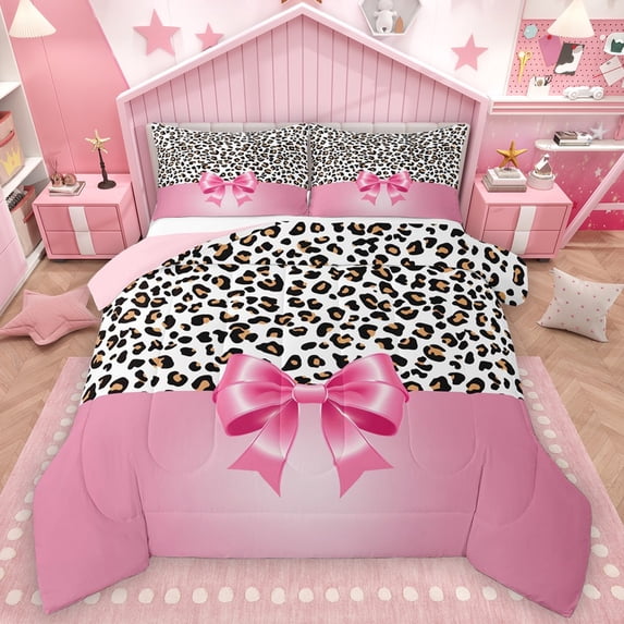 Homewish Leopard Print 2pcs Bedding Comforter Set For Teens Boys Girls,Kawaii Bow Twin Comforter Sets,Black Pink Breathable Bedding Set,Super Cozy Room Decor,Reversible
