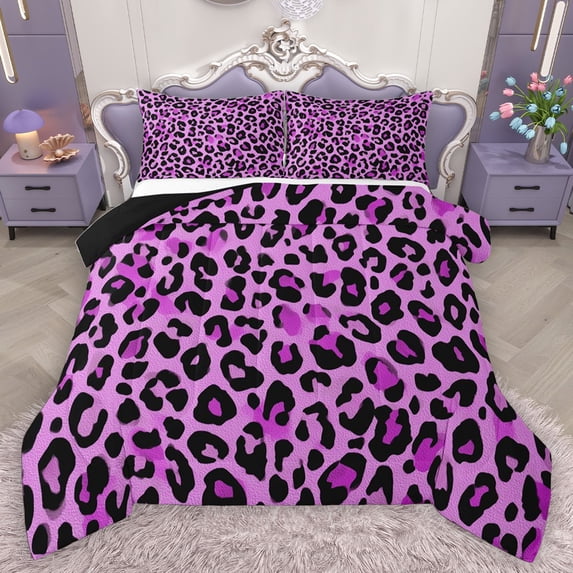 Homewish Leopard Print 3 Pieces Queen Comforter Set for Teens Boys Girls,Animal Print Ultra Soft Bedding Sets,Black Purple Bedding Comforter Set Breathable,Luxury Bedroom Decor,Reversible
