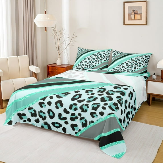 Homewish Leopard Print 4pcs Bed Sheets for Teesn Female Men,Bling Teal Glitter King Sheets,Geometric Stripes Super Cozy Sheet Set,Ultra Soft Home Decor