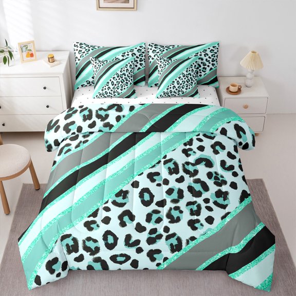 Homewish Leopard Print 7-Piece Bedding Comforter Set for Teesn Female Men,Bling Teal Glitter King Bedding Sets,Geometric Stripes Ultra Soft Bed Sheets,Ultra Soft Home Decor,Reversible