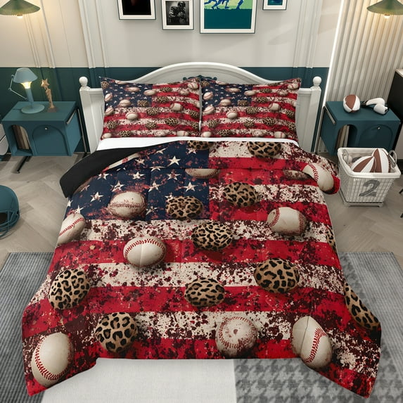 Homewish Leopard Baseball Queen Comforter Set,Red Brown White,3-Piece Luxury Reversible