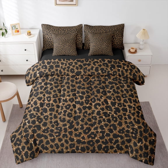 Homewish Leopard Print Bedding Comforter Set 7-Piece for Teens Boys Girls,Bling Black Brown Glitter King Bedding Sets,Animal Cheetah Print Ultra Soft Bed Sheets,Breathable Home Decor,Reversible