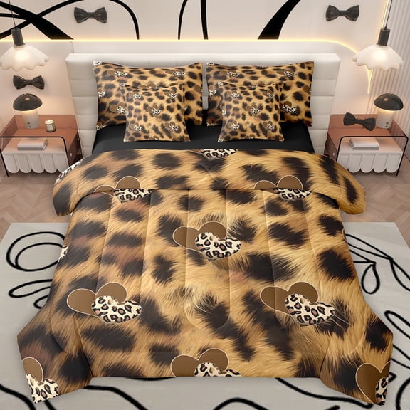 Homewish Leopard Print Bedding Comforter Set 7-Piece for Teens Boys Girls,Love Heart Print King Bedding Sets,Valentine's Day Ultra Soft Bed Sheets,Breathable Home Decor,Reversible