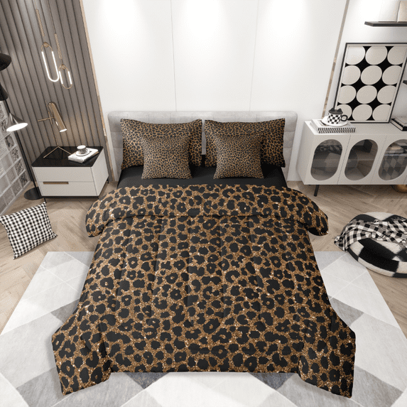 Homewish Leopard Print 7-Piece Full Bedding Set - Bling Black Brown Cheetah