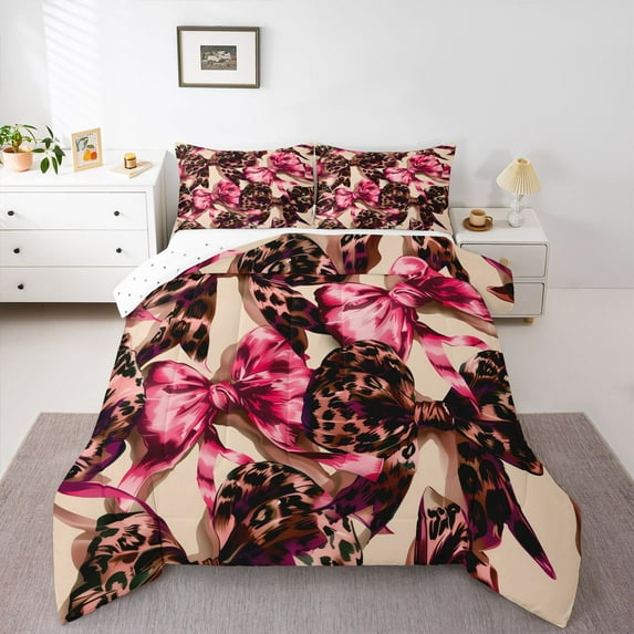 Homewish Leopard Print Bow Full Size Comforter Sets,Chic Bowtie Ribbon Bedding Comforter Set,Pink Beige Brown Bedding Sets For Girls Teens,Ultra Soft Home Decor Reversible,3-Piece