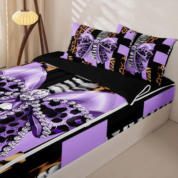 Homewish Leopard Print Bow Girls Zipper Twin Comforter Sets with Fitted Sheet and 2 Pillowcases, Purple Fashion Ribbon Zipper Bedding Set, Black Reversible, 4pcs