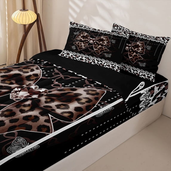 Homewish Leopard Print Bow Heart Zipper Full Size Comforter Sets with Fitted Sheet and 2 Pillowcases for Girls, Brown Ribbon Zipper Bedding Set, Black Reversible, 4-Piece