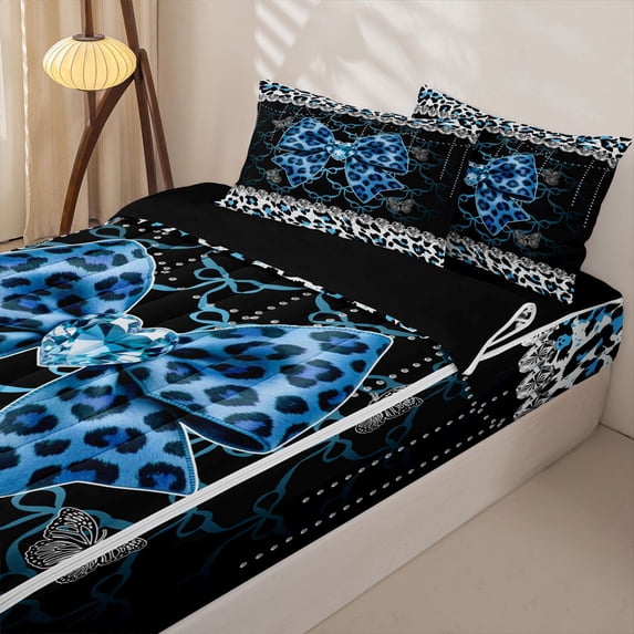 Homewish Leopard Print Bow Heart Zipper Twin Comforter Sets with Fitted Sheet and 2 Pillowcases for Boys Girls, Blue Ribbon Zipper Bedding Set, Black Reversible, 4pcs