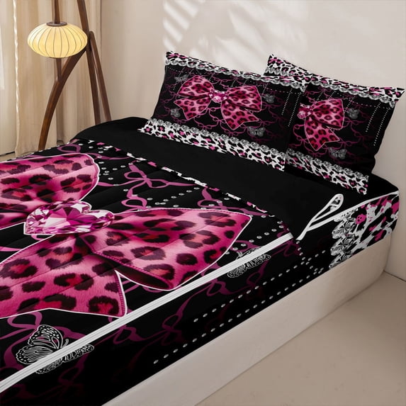 Homewish Leopard Print Bow Heart Zipper Twin Comforter Sets with Fitted Sheet and 2 Pillowcases for Girls, Pink Ribbon Zipper Bedding Set, Black Reversible, 4-Piece