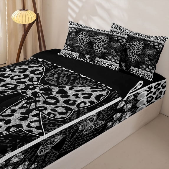Homewish Leopard Print Bow Pearl Zipper Full Size Comforter Sets with Fitted Sheet and 2 Pillowcases for Girls, Silver Glitter Print Ribbon Zipper Bedding Set, Black Reversible, 4 Pieces