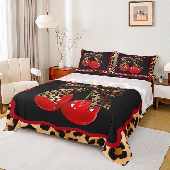 Homewish Leopard Print Bowknot Twin Sheet Sets for Teens, Kawaii Cartoon Cherry Twin Fitted Sheet, Lucky Funky Flat Sheet, Super Cozy Room Decor, 3 Pieces