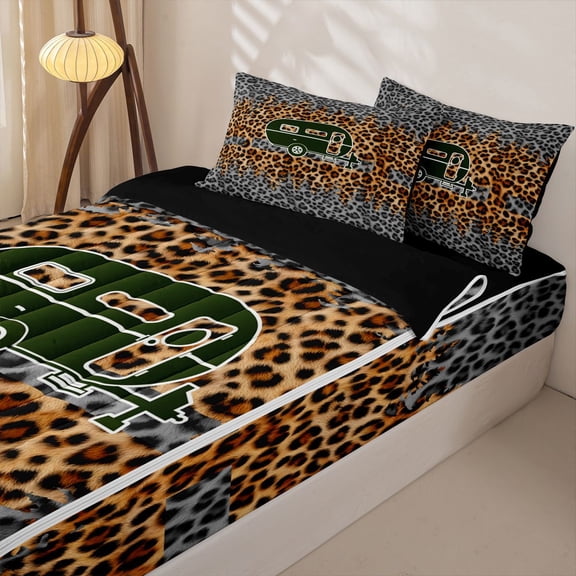 Homewish Leopard Print Camo RV Car Zipper Twin Comforter Sets with Fitted Sheet and 2 Pillowcases, Rustic Tree Zipper Bedding Set for Men and Women, Black Reversible, 4 Pieces
