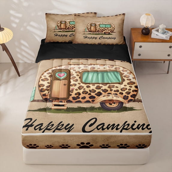 Homewish Leopard Print Camper Zipper Twin Comforter Sets with Fitted Sheet and 2 Pillowcases,Kids Happy Camping Zipper Bedding Set For Girl Boys,Black Reversible,4-Piece