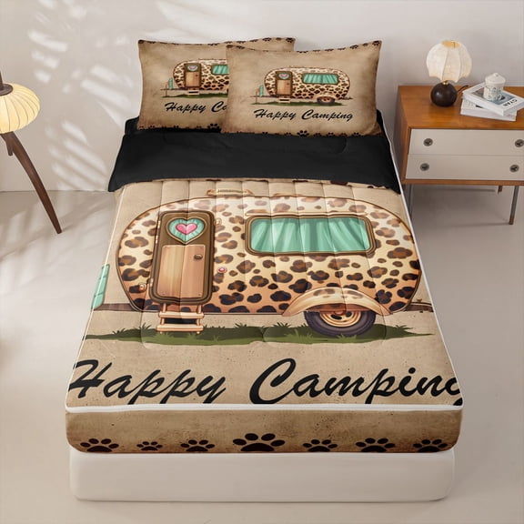 Homewish Leopard Print Camper Zipper Twin Comforter Sets with Fitted Sheet and 2 Pillowcases,Kids Happy Camping Zipper Bedding Set For Girl Boys,Black Reversible,4-Piece