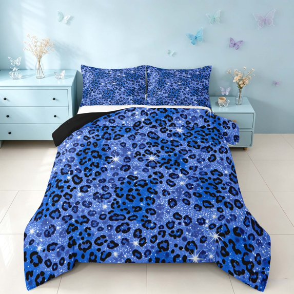 Homewish Leopard Print Full Size Comforter Sets, Blue Cheetah Print Bedding Comforter Set, Black Reversible, 3 Pieces 1 Comforter and 2 Pillowcases