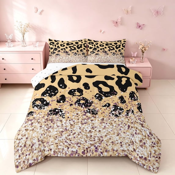 Homewish Leopard Print Full Size Comforter Sets, Gold Blings Print Bedding Comforter Set, Reversible, 3 Pieces 1 Comforter and 2 Pillowcases