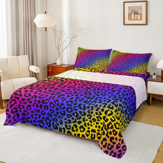 Homewish Leopard Print Full Size Sheets 4-Piece for Teens Boys Girls,Abstract Gradient Ombre Breathable Bed Sheets,Colorful Animal Print Lightweight Sheet Sets,Breathable Home Decor