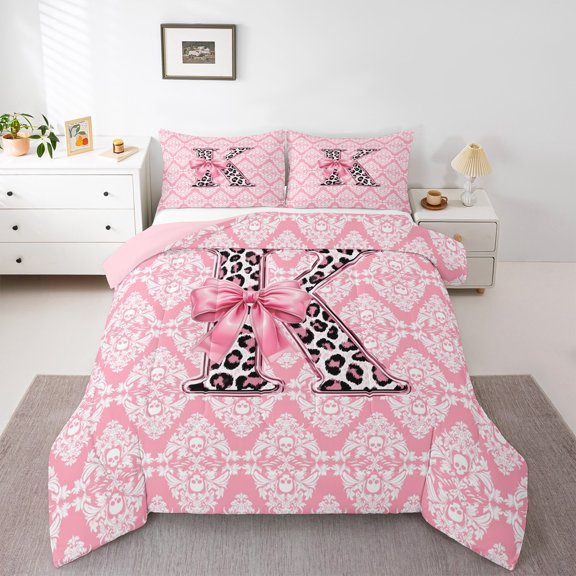 Homewish Leopard Print Letter Bedding Comforter Set, Ribbon Monogrammed K Twin Comforter Sets, Hippie Mandala Damask Reversible Bedding Set, Ultra Soft Bedroom Decor, 2-Piece