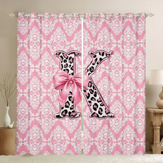Homewish Leopard Print Letter Black Out Curtains, Ribbon Monogrammed K Curtains Pack of 2 (42x63 Each), Hippie Mandala Damask Bedroom Curtains, Blackout Curtains Decor