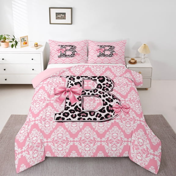Homewish Leopard Print Letter Queen Comforter Set, Ribbon Monogrammed B Bedding Sets, 3-Piece