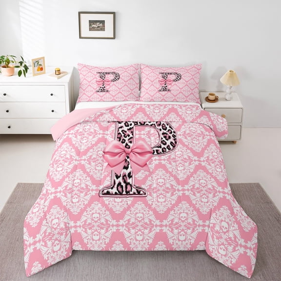 Homewish Leopard Print Letter Queen Comforter Set, Ribbon Monogrammed P Bedding Sets, Hippie Mandala Damask Reversible Bedding Comforter Set, Breathable Home Decor, 3-Piece