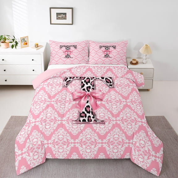 Homewish Leopard Print Letter Queen Comforter Set, Ribbon Monogrammed T Bedding Sets, Hippie Mandala Damask Reversible Bedding Comforter Set, Luxury Bedroom Decor, 3-Piece