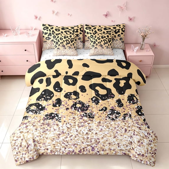 Homewish Leopard Print Queen Bedding, Gold Blings Print Bedding Comforter Set Queen, Reversible, 7-Piece