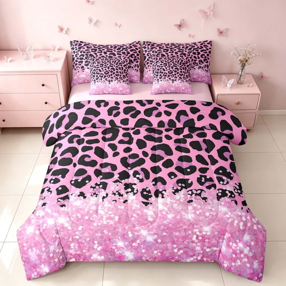 Homewish Leopard Print Queen Bedding, Pink Blings Print Bedding Comforter Set Queen, Pink Reversible, 7 Pieces