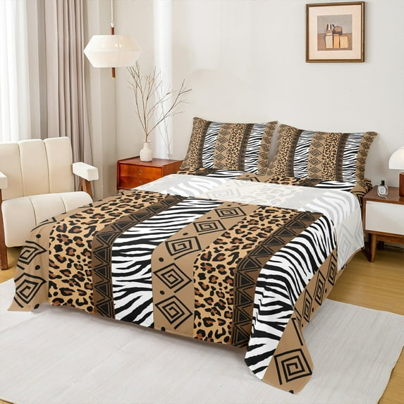Homewish Leopard Stripe King Sheet Set (4-Piece) Boho Geometric Zebra Decor For Boys Kids