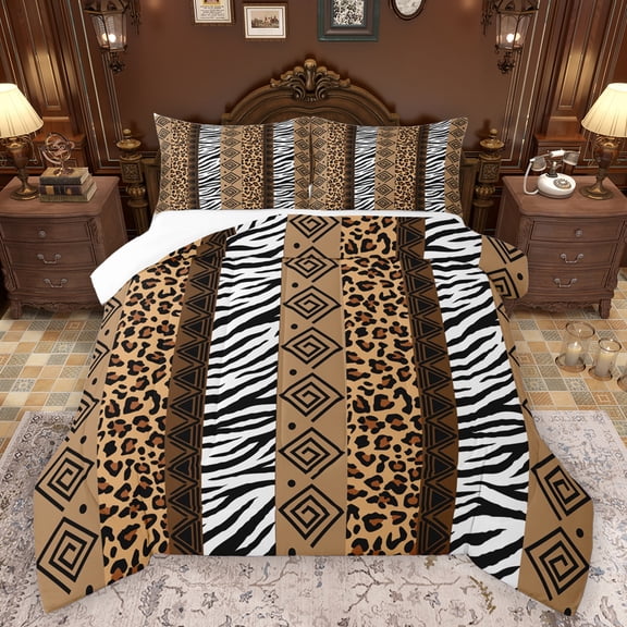 Homewish Leopard Print Stripe Bedding Comforter Set,Boho Geometric Twin Comforter Sets,Zebra Pattern Bedding Set For Boys Kids,Super Cozy Room Decor,2pcs