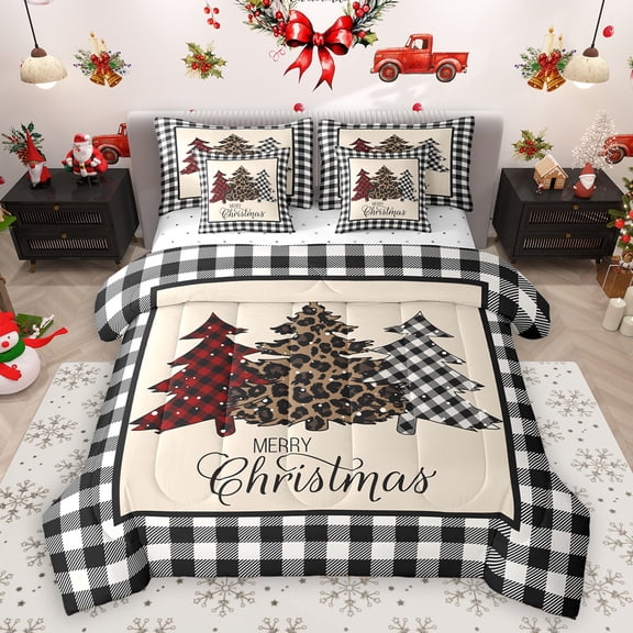 Homewish Leopard Print Xmas Tree 7-Piece Twin Bedding Sets,Merry Christmas Bedding Comforter Set,White Black Plaid Sheet Sets For Girls Kids,Super Cozy Room Decor