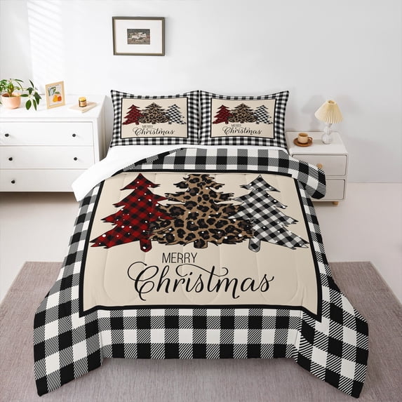 Homewish Leopard Print Xmas Tree Bedding Comforter Set,Merry Christmas Twin Comforter Sets,White Black Plaid Bedding Set For Girls Kids,Super Cozy Room Decor,2pcs