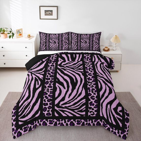 Homewish Leopard Zebra Print 3-Piece Full Size Comforter Sets for Teesn Female Men,Geometric Stripes Bedding Comforter Set,Black Pink Lightweight Bedding Sets,Ultra Soft Home Decor,Reversible