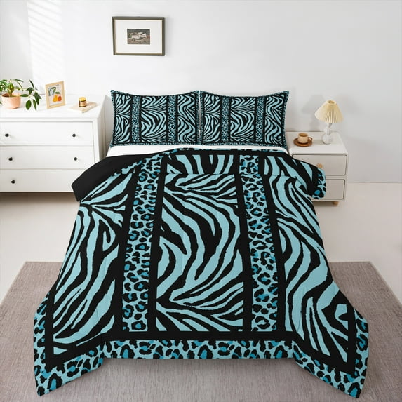 Homewish Leopard Zebra Print 3-Piece Full Size Comforter Sets for Teesn Female Men,Geometric Stripes Bedding Comforter Set,Black Teal Lightweight Bedding Sets,Ultra Soft Home Decor,Reversible