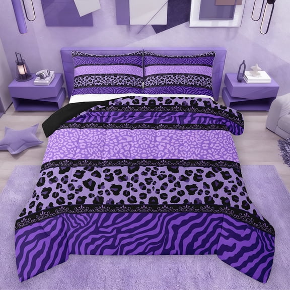 Homewish Leopard Zebra Print 3 Pieces Queen Comforter Set for Boys Girls,Geometric Plaid Grid Ultra Soft Bedding Sets,Abstract Animal Stripes Bedding Comforter Set Breathable