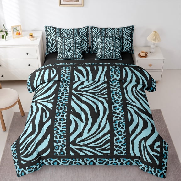 Homewish Leopard Zebra Print 7-Piece Twin Bedding Sets for Teesn Female Men,Geometric Stripes Bedding Comforter Set,Black Teal Breathable Sheet Sets,Ultra Soft Home Decor,Reversible