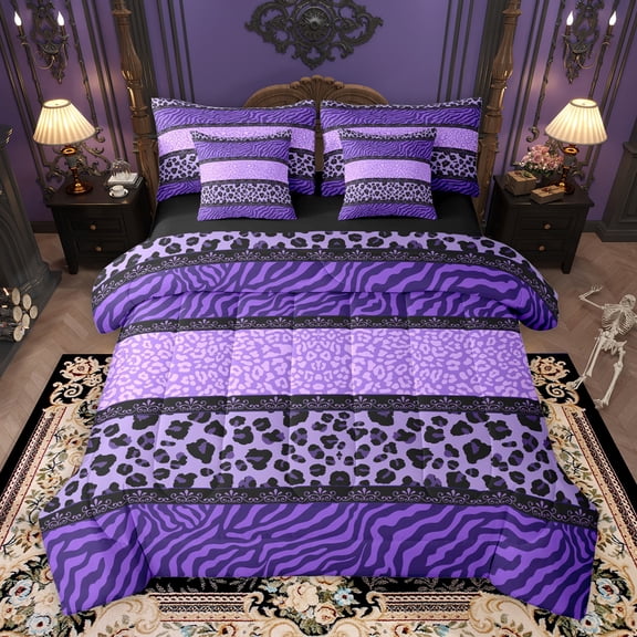 Homewish Leopard Zebra Print Bedding Comforter Set 7 Pieces for Boys Girls,Geometric Plaid Grid Full Bedding Set Lightweight,Abstract Animal Stripes Fitted Sheet Flat Sheet,Breathable Home Decor