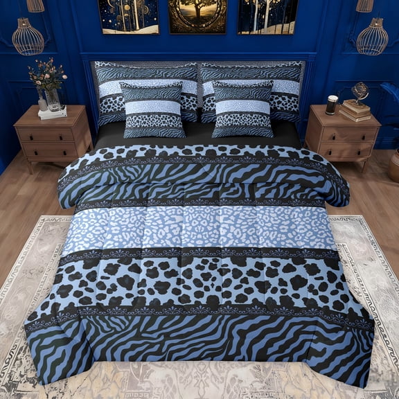 Homewish Leopard Zebra Print Twin Bedding Sets 7-Piece for Boys Girls,Geometric Plaid Grid Bedding Comforter Set Microfiber,Abstract Animal Stripes Breathable Sheet Sets,Breathable Home Decor