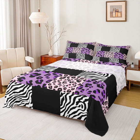 Homewish Leopard Zebra Print Twin Sheet Sets 3pcs for Boys Girls,Geometric Plaid Grid Twin Fitted Sheet Microfiber,Abstract Animal Stripes Breathable Flat Sheet,Breathable Home Decor