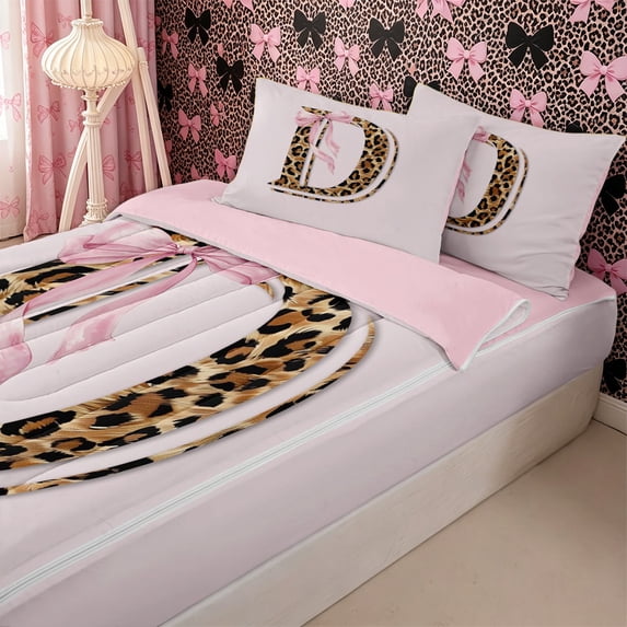 Homewish Letter D Monogrammed Girl Zipper Twin Comforter Sets with Fitted Sheet and 2 Pillowcases,Brown Leopard Print Pink Bow Zipper Bedding Set for Teens,4-Piece,Pink Reversible