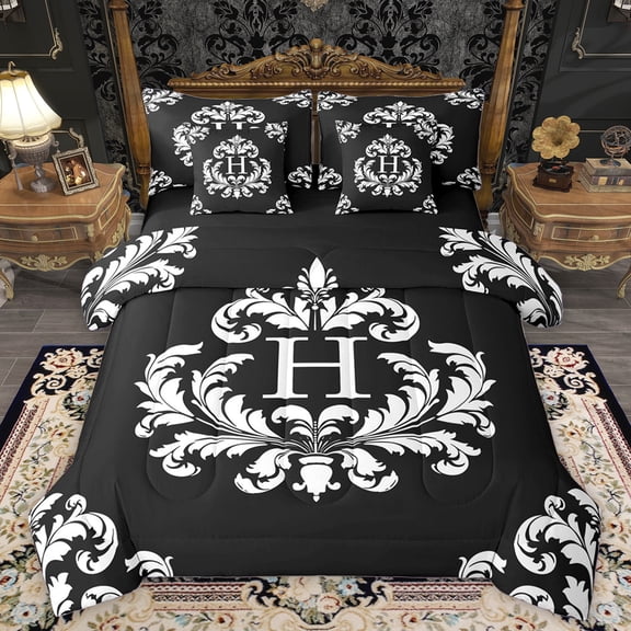 Homewish Letter H Monogrammed 7-Piece Bedding Comforter Set,Vintage Damask King Bedding Sets,Baroque Floral Bed Sheets For Adults,Microfiber Room Decorative Reversible