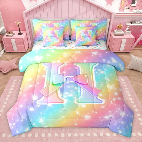 Homewish Letter H Monogrammed 7pcs Bedding Comforter Set,Cute Cartoon Bowtie Queen Bedding Sets,Colorful Gradient Striped Queen Sheet Sets For Girls Kids,Microfiber Room Decorative Reversible