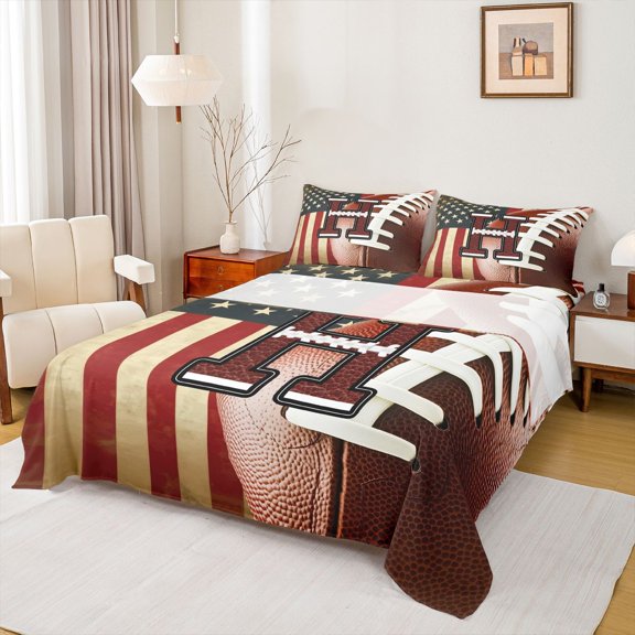 Homewish Letter H Monogrammed Bed Sheets,Rugby Sports King Sheets,Retro American Flags Sheet Set For Boys Kids,Microfiber Room Decorative,4pcs
