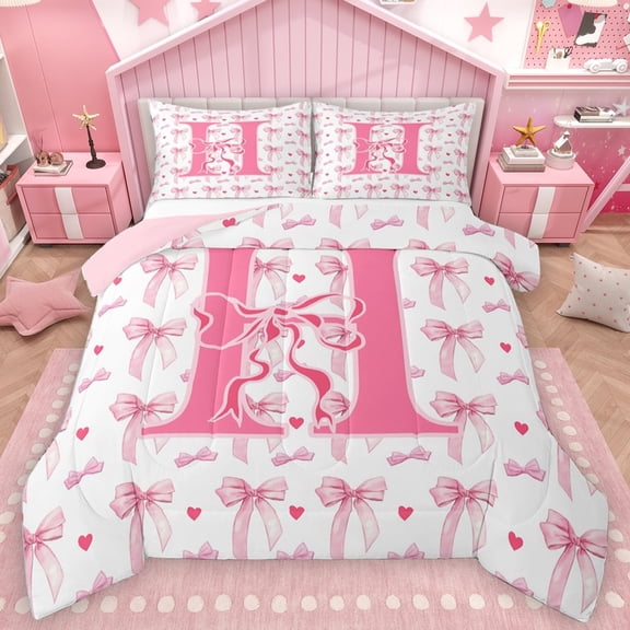 Homewish Letter H Monogrammed Bedding Comforter Set,Cute Bow Tie Twin Comforter Sets,Pink Loves Pattern Bedding Set For Girls,Microfiber Room Decorative Reversible,2-Piece
