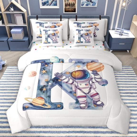 Homewish Letter K Monogrammed 7pcs Bedding Comforter Set,Cartoon Astronaut Queen Bedding Sets,Watercolor Ink Painting Queen Sheet Sets For Kids,Microfiber Room Decorative Reversible