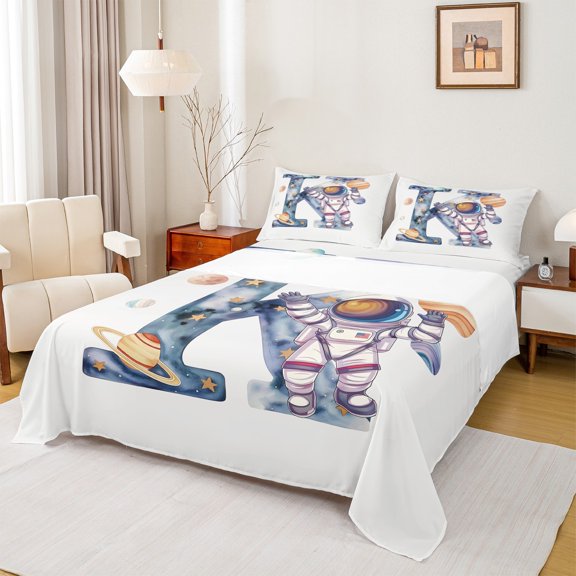 Homewish Letter K Monogrammed Bed Sheets,Cartoon Astronaut King Sheets,Watercolor Ink Painting Sheet Set For Kids,Microfiber Room Decorative,4pcs