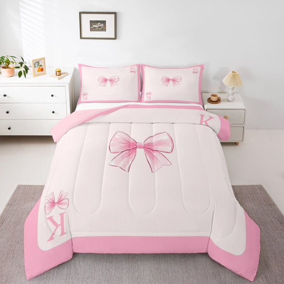 Homewish Letter K Monogrammed Bedding Comforter Set,Girls Kawaii Bowtie Twin Comforter Sets,Pink Bow Knot Bedding Set For Princess Kids,Microfiber Room Decorative Reversible,2-Piece