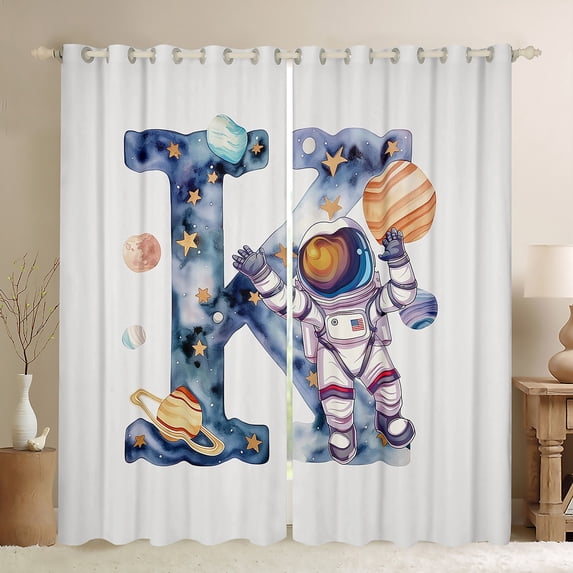 Homewish Letter K Monogrammed Curtains Pack of 2 (42x84 Each),Cartoon Astronaut Curtains Blackout,Watercolor Ink Painting Bedroom Curtains For Kids,Microfiber Room Decorative